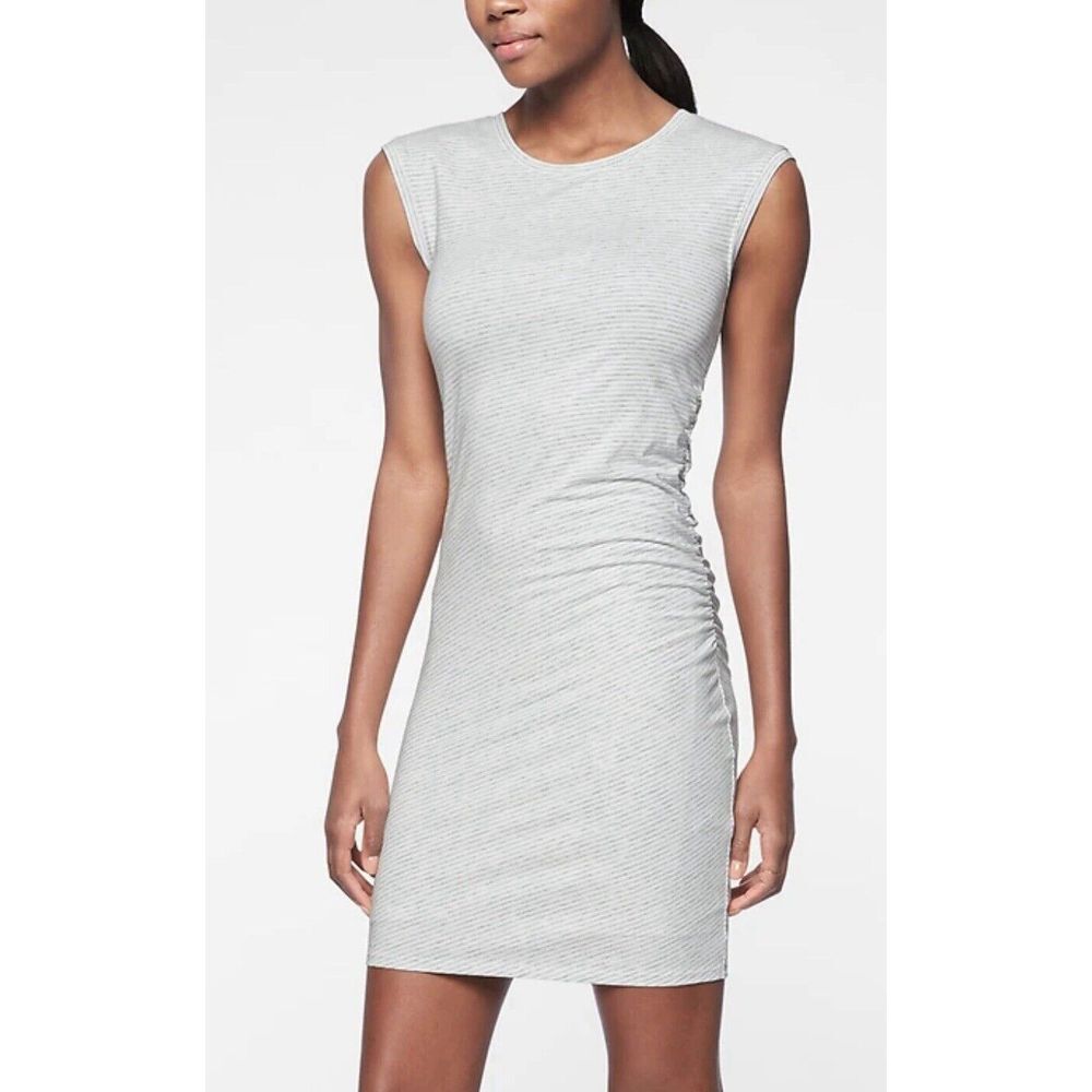 Athleta Carefree Tee Dress‎ White & Grey Striped Ruched Side Cap Sleeve XXS $94